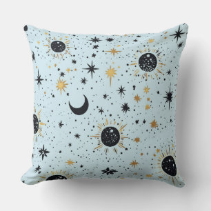 Black Gold and Blue Celestial Sun Moon Stars Throw Pillow