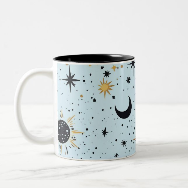 Black, Gold and Blue Celestial Sun Moon Stars Two-Tone Coffee Mug (Left)