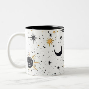 Black, Gold and Blue Celestial Sun Moon Stars Two-Tone Coffee Mug