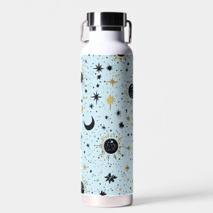 Black, Gold and Blue Celestial Sun Moon Stars Water Bottle