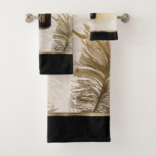 Black, Gold and Brown Feather Pattern - Monogram Bath Towel Set
