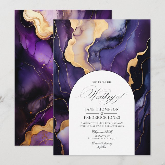 Black, Gold, and Dark Purple Ink Wedding Invitation (Front/Back)