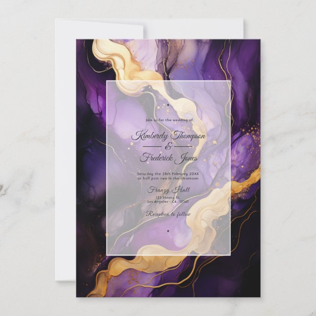 Black, Gold, and Dark Purple Ink Wedding Invitation (Front)