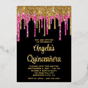 Black Gold and Deep Pink Glitter Drips Quinceañera