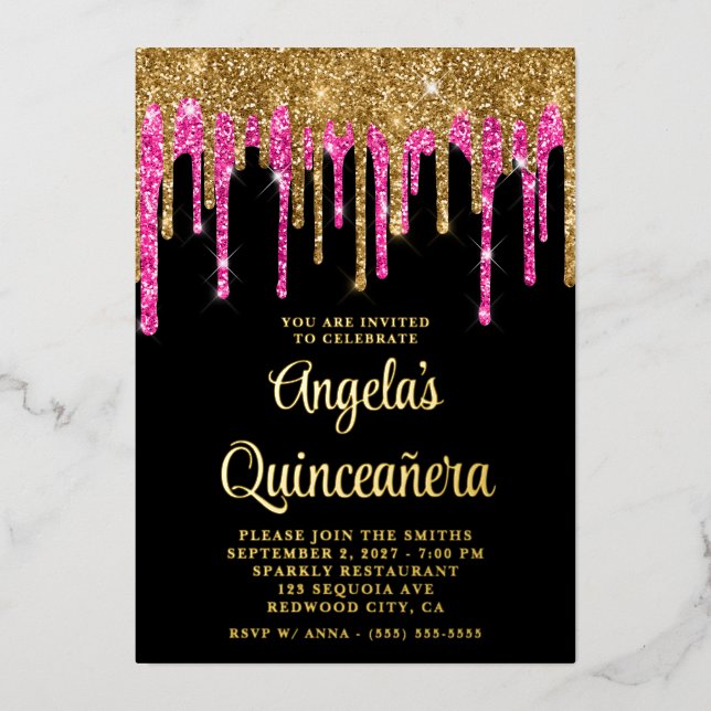 Black Gold and Deep Pink Glitter Drips Quinceañera (Front)
