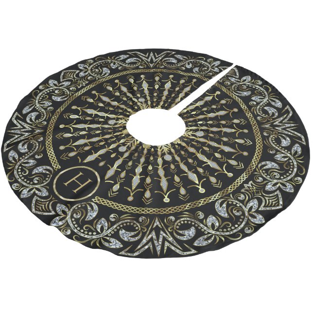 Black, Gold And Diamonds Glitter Snowflake Brushed Polyester Tree Skirt (Angled)