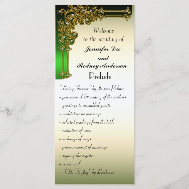 Black Gold and Green Wedding Program Rack Card (Front)