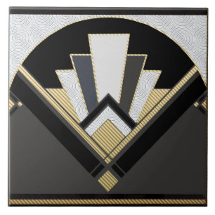 Black Gold and grey patterned fan ceramic Tile