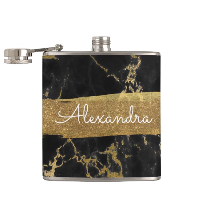 Black, Gold and Marble with Gold Foil and Glitter Hip Flask (Opened)