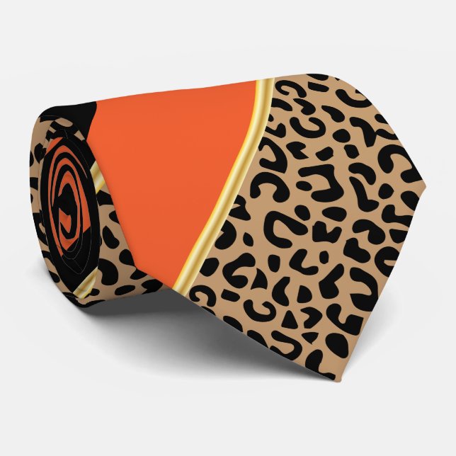 Black, Gold and Orange Diagonal Stripe Leopard Tie (Rolled)