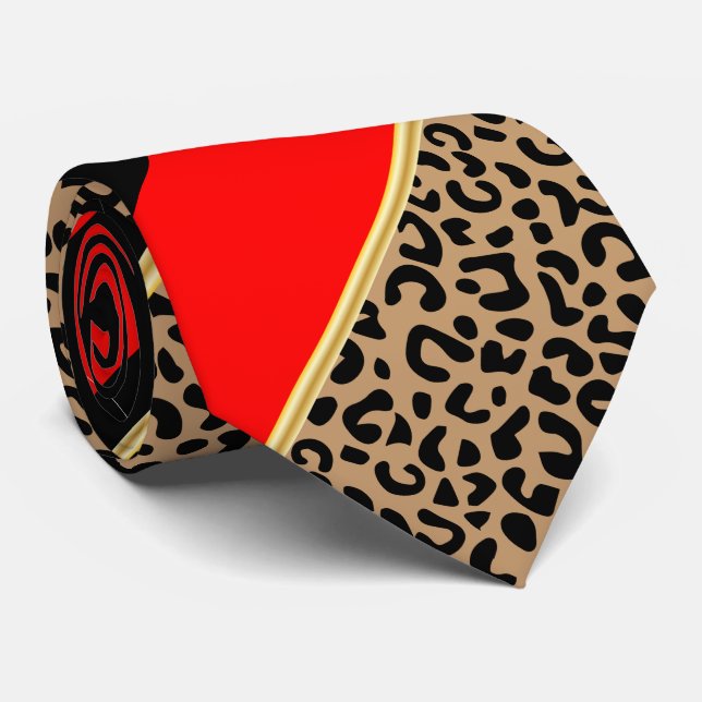 Black, Gold and Red Diagonal Stripe Leopard Tie (Rolled)