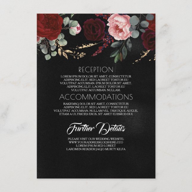 Black Gold and Red Floral Wedding Information Enclosure Card (Front)