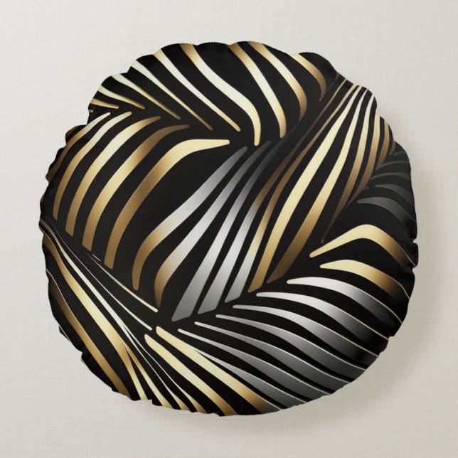 Black, gold and silver abstract round pillow (Front)