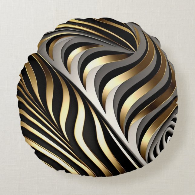 Black, gold and silver original pattern round pillow (Front)