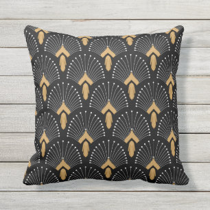 Black, Gold and White Art Deco Fan Flowers Motif Outdoor Pillow