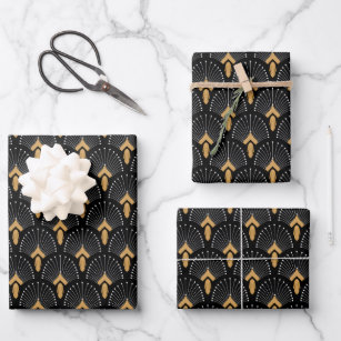 Black, Gold and White Art Deco Fan Flowers Motif Wrapping Paper Sheet