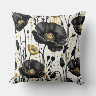 Black, gold and white poppies throw pillow