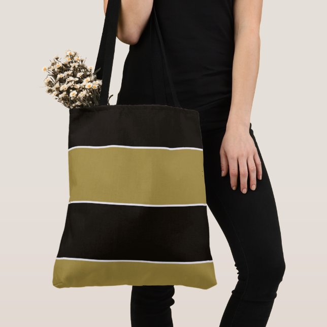 Black, Gold and White Stripes Tote Bag (Close Up)