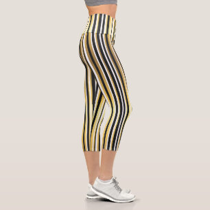 Black, Gold and White Vintage Stripes Capri Leggings