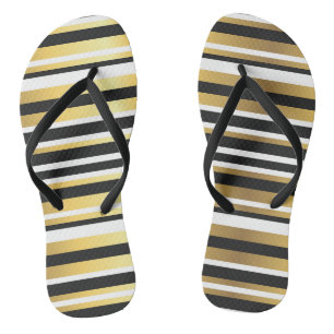 Black, Gold and White Vintage Stripes Flip Flops