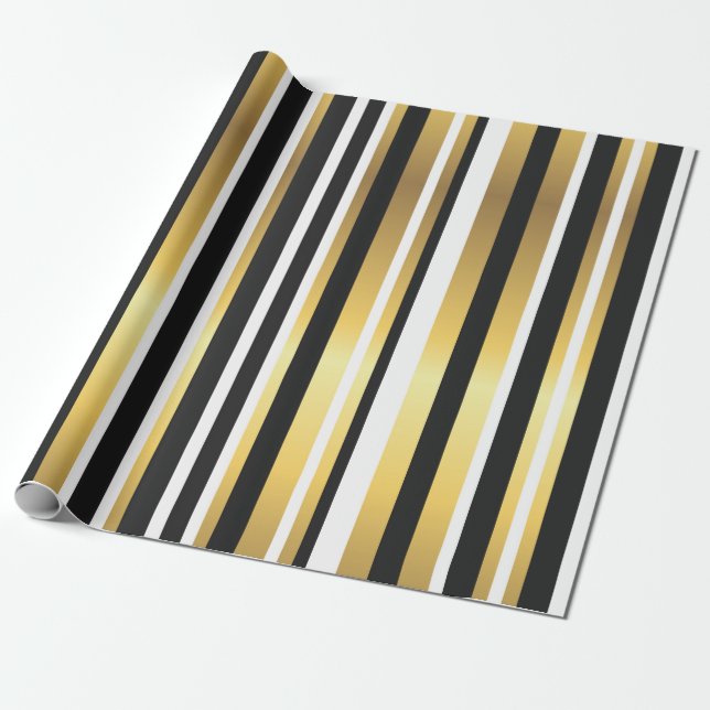 Black, Gold and White Vintage Stripes Wrapping Paper (Unrolled)