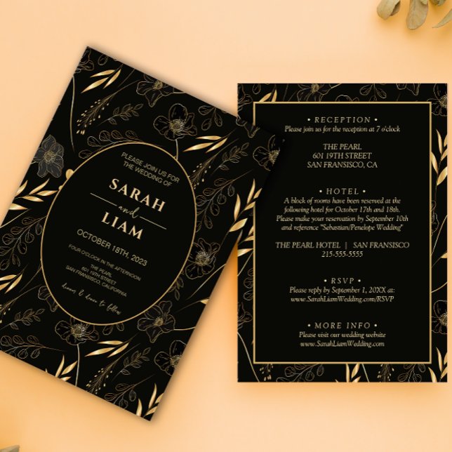 Black & Gold Anemone Wildflower All In One Wedding Invitation (Creator Uploaded)