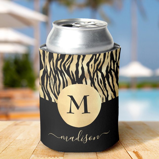 Black Gold Animal Print Monogram Name Glam Chic Can Cooler (Creator Uploaded)