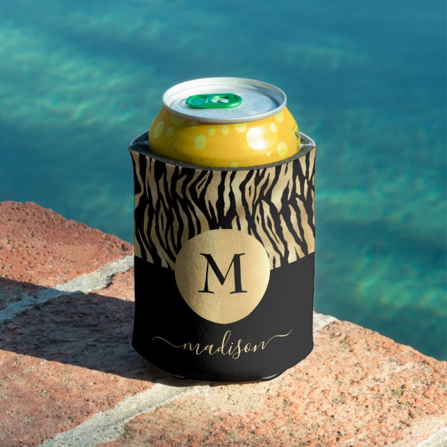 Black Gold Animal Print Monogram Name Glam Chic Can Cooler (In Situ Pool)