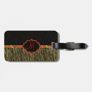 Black & Gold Animal Print Zebra Pattern 2 Monogram Luggage Tag