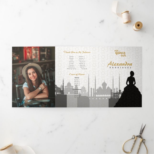 Black & Gold Arabian Quinceañera Photo Tri-Fold Invitation (Outside)