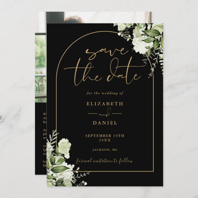 Black Gold Arch Floral Photo QR Code Wedding Save The Date (Front/Back)