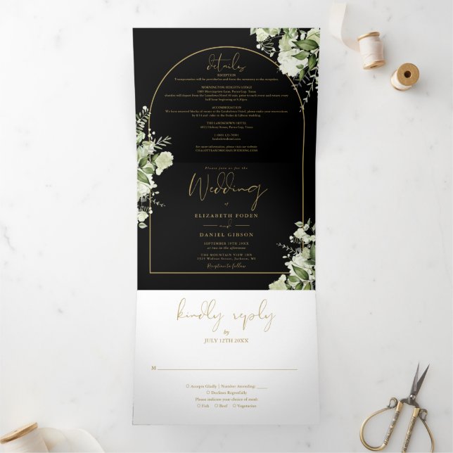 Black Gold Arch Greenery Floral Photo Wedding Tri-Fold Invitation (Inside)