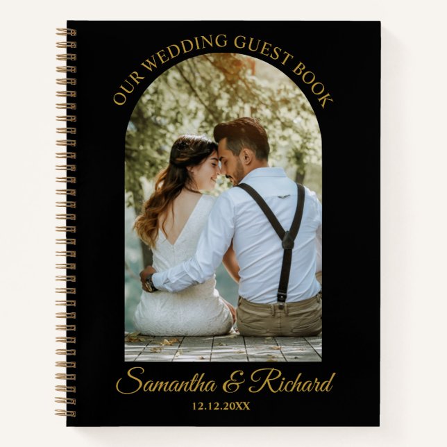 Black Gold Arch Personalized Photo Wedding Guest   Notebook (Front)