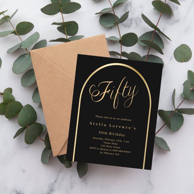 Black gold arch script 50th birthday invitation (Creator Uploaded)