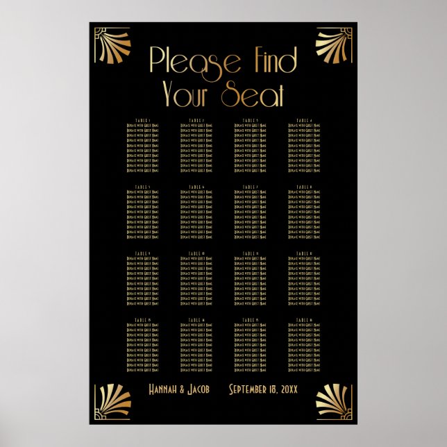 Black & Gold Art Deco 16 Tables Seating Chart (Front)