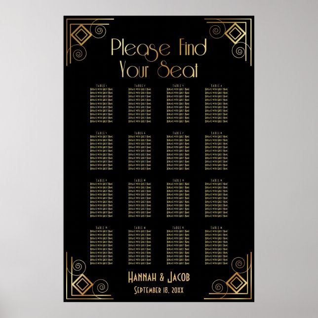 Black & Gold Art Deco 16 Tables Seating Chart (Front)
