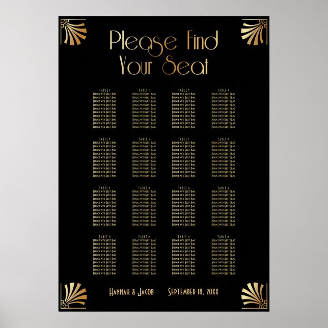 Black & Gold Art Deco 16 Tables Seating Chart (Front)