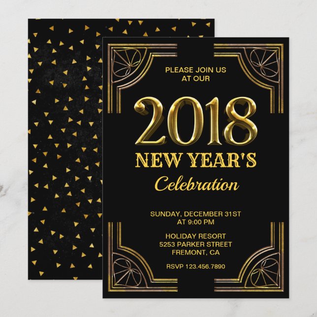 Black Gold Art Deco 2018 New Year's Eve Party Invitation (Front/Back)