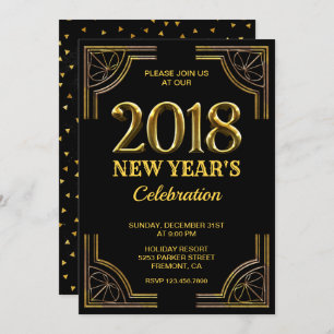 Black Gold Art Deco 2018 New Year's Eve Party Invitation