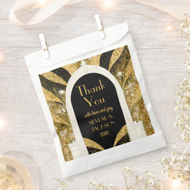 Black & Gold Art Deco Archway Wedding Thank You Favour Bag (Clipped)