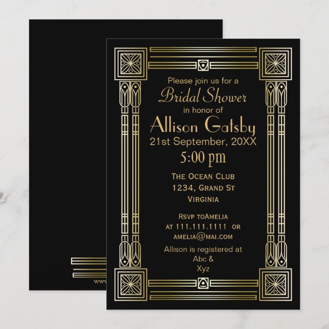 Black Gold Art Deco bridal shower Invitation (Front/Back)