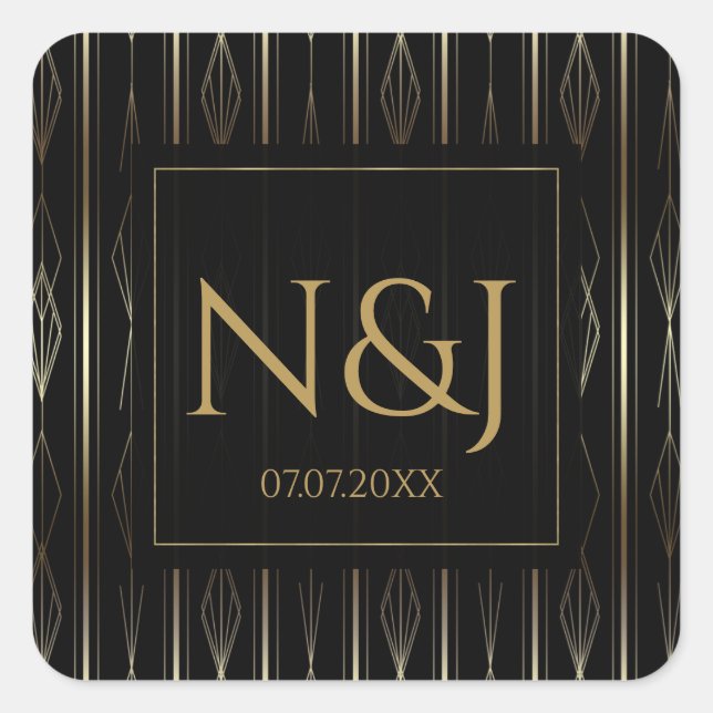 Black & Gold Art Deco Bridal Shower Square Sticker (Front)