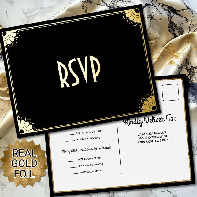 Black Gold Art Deco Chic Floral Wedding RSVP Reply Foil Invitation Postcard (Elegant black and gold art deco RSVP postcard with three meal choices and real gold foil on front)