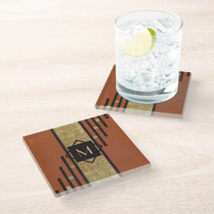 Black & Gold Art Deco Custom Monogram Glass Coaster