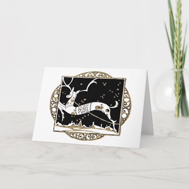 Black & Gold Art Deco Doily Deer Holiday Card (Front)