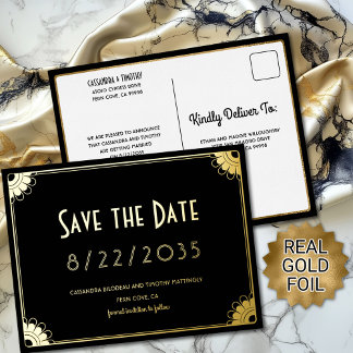 Black Gold Art Deco Floral Wedding Save the Date Foil Invitation Postcard