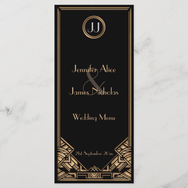 Black Gold Art Deco Gatsby Style Wedding Menu (Front)