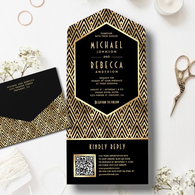 Black Gold Art Deco Geometric QR Code Wedding All In One Invitation (Creator Uploaded)