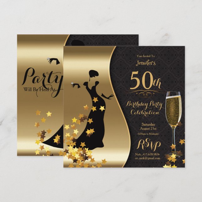 Black & Gold Art Déco Invitation 50e anniversaire (Devant / Derrière)