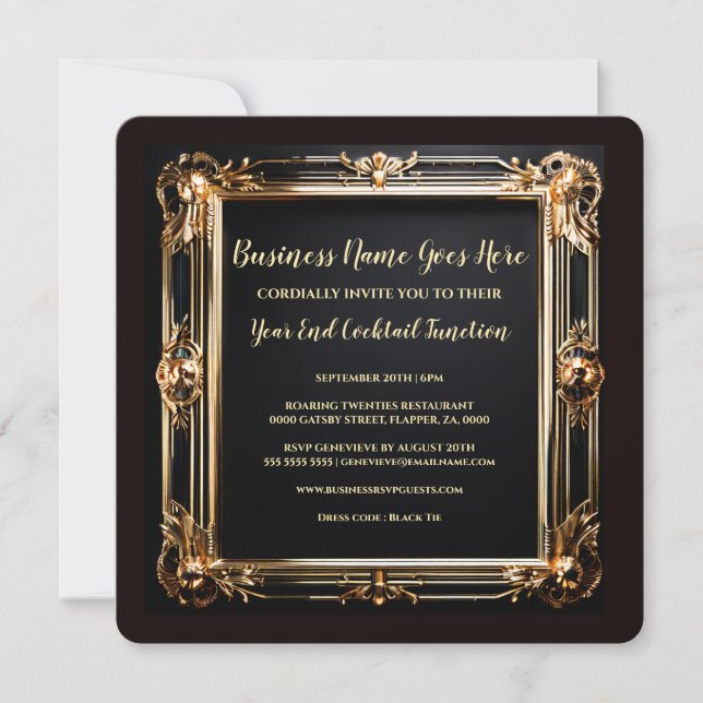 Black gold art deco minimalist frame black tie invitation (Front)